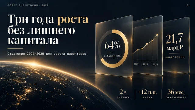 Совет директоров: Тёмный отчёт с крупными цифрами, долями и KPI. Для стратегий, итогов года и совета директоров.